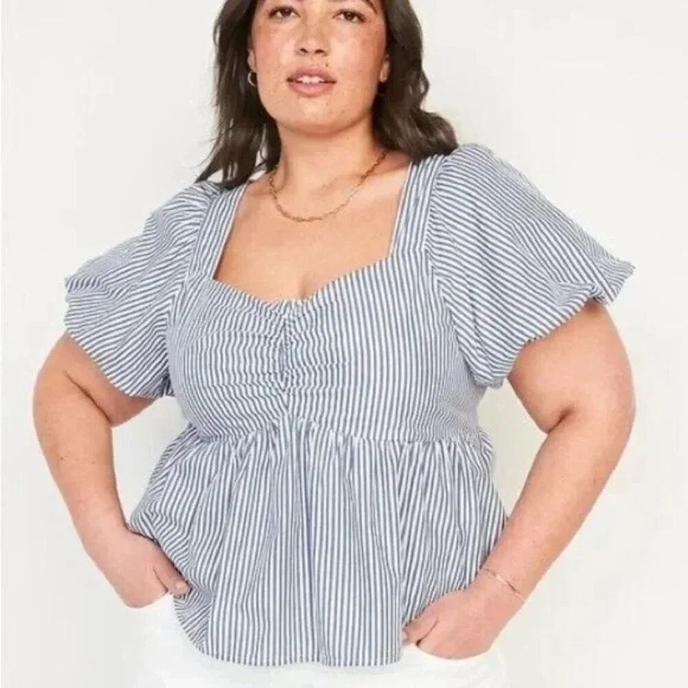 NWOT Old Navy Blue and White Striped Puff Sleeve Babydoll Blouse in Size 4X